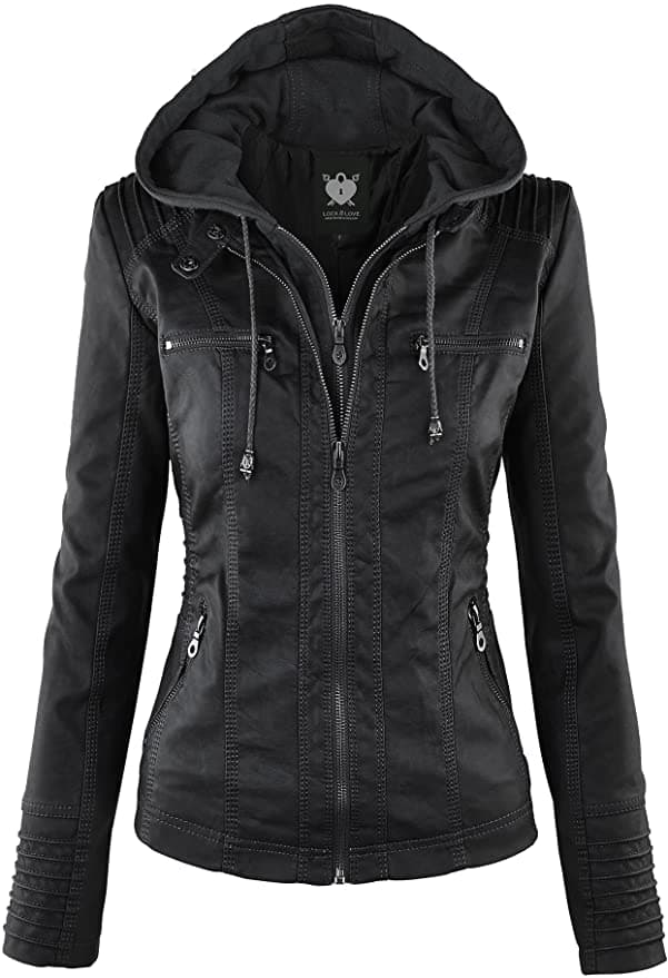 product women's clothing Lock and Love Women's Removable Hooded Faux Leather Moto Biker Jacket 100% POLYURETHANE(shell) 100% POLYESTER(lining) 75% POLYESTER 25% COTTON (SWEATER), Faux leather material for style and comfort / 2 pockets of front, 2-For-One Hooded denim style faux leather jacket, Button detail on waist / Detail stitching at sides, HAND WASH ONLY / DO NOT BLEACH / LINE DRY / DO NOT IRON